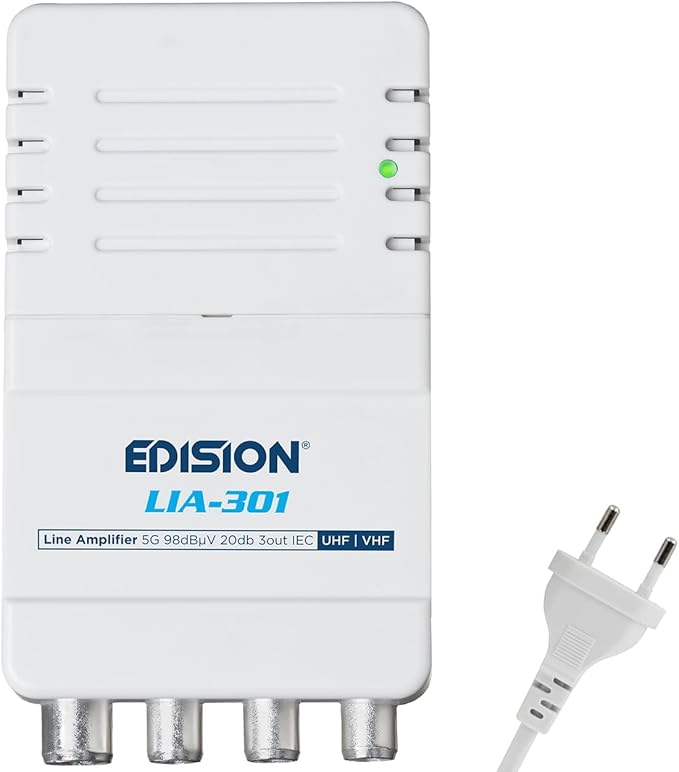 EDISION LIA-301 Hausanschlussverstärker UHF/VHF 20dB, 5G LTE Filter, 1 Eingang, 3 Ausgänge, IEC Anschlüsse – 0303
