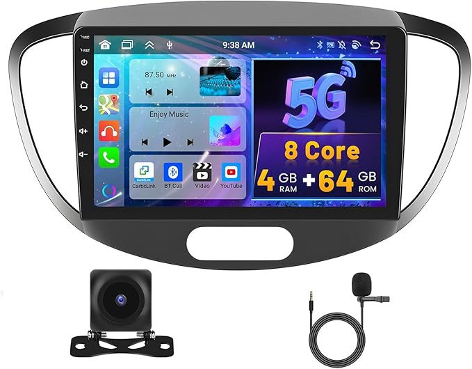 Hikity Android 15 Autoradio für Hyundai i10 2007-2013 mit 9 Zoll Bildschirm, Wireless CarPlay, Android Auto, Bluetooth 5.0, GPS, DSP