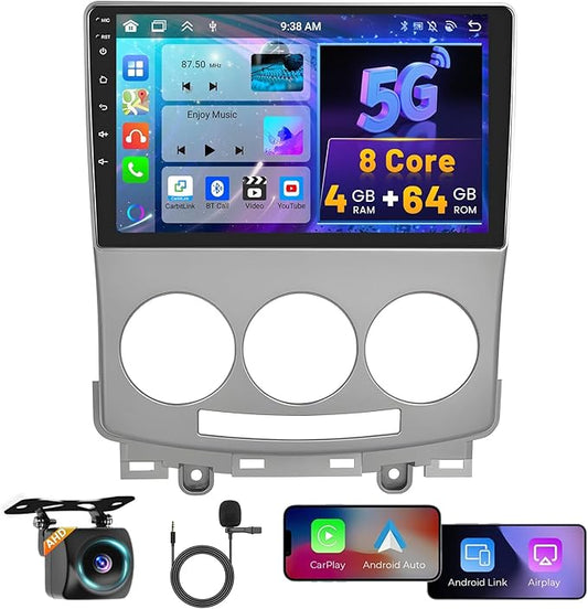 Hikity Android 15 Autoradio für Mazda 5 2005-2010 mit 9 Zoll Touchscreen, Wireless CarPlay, Android Auto, Bluetooth 5.0, GPS & DSP