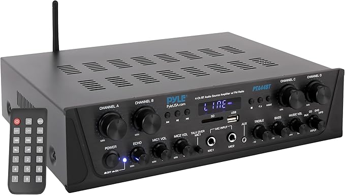 Sound Around Inc. PTA44BT Bluetooth-Verstärker 4-Kanal 500W mit Karaoke, USB, AUX, FM-Radio und Subwoofer-Ausgang